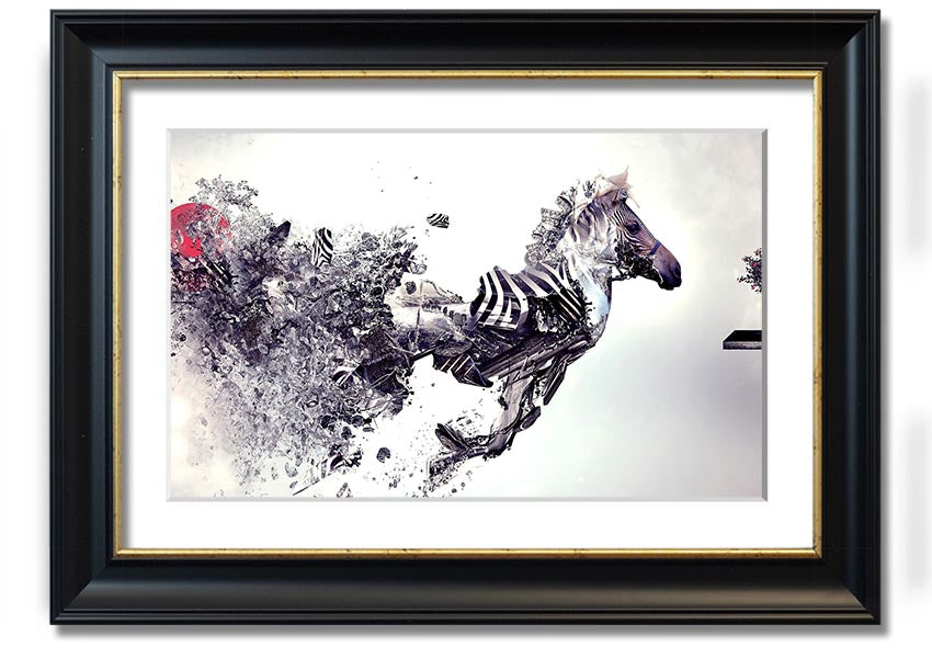 A beautifully framed Abstract Zebra print showcasing an artistic interpretation of a zebra in vibrant colors, ready to hang.