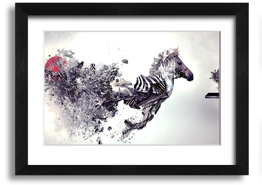 A beautifully framed Abstract Zebra print showcasing an artistic interpretation of a zebra in vibrant colors, ready to hang.