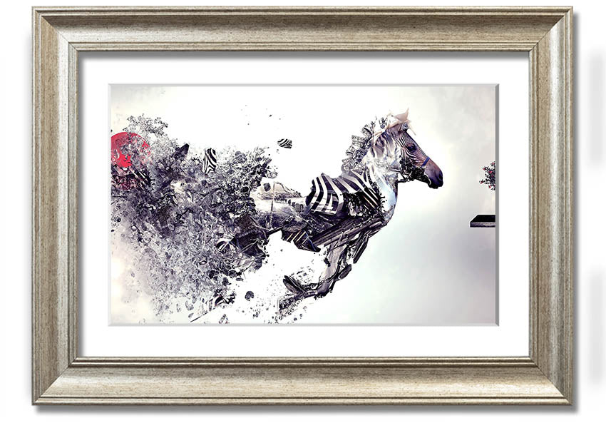 A beautifully framed Abstract Zebra print showcasing an artistic interpretation of a zebra in vibrant colors, ready to hang.