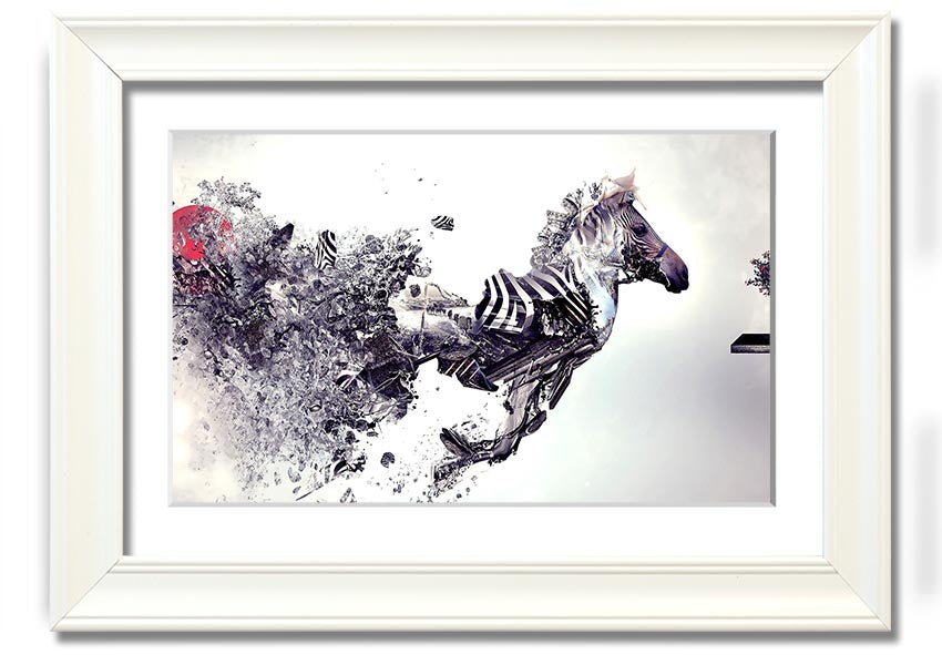 A beautifully framed Abstract Zebra print showcasing an artistic interpretation of a zebra in vibrant colors, ready to hang.