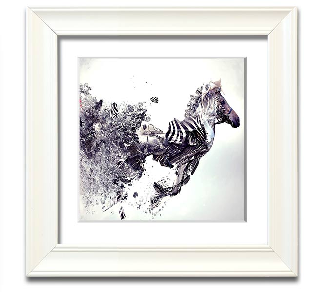 Abstract Zebra Square Framed Print showcasing bold lines and patterns, available in various frame colors.