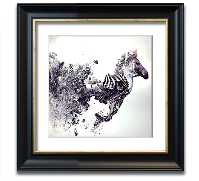 Abstract Zebra Square Framed Print showcasing bold lines and patterns, available in various frame colors.