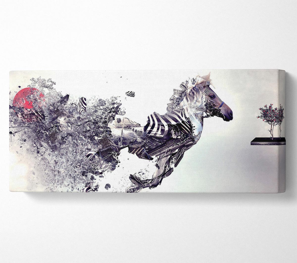 Abstract Zebra canvas art mounted on a 44mm box frame, showcasing a unique design with bold patterns.