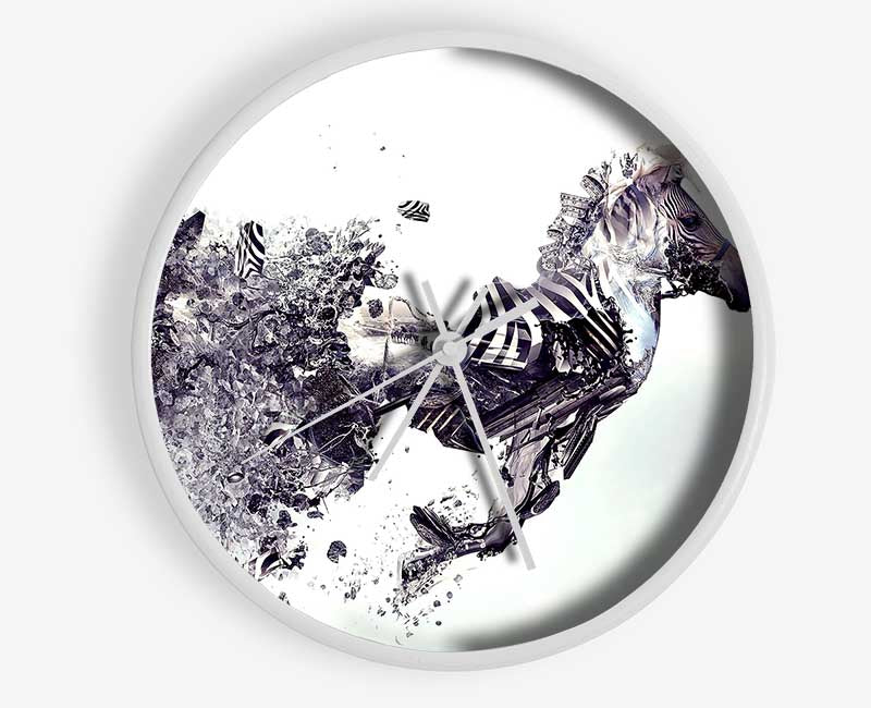 Abstract Zebra clock made from natural bamboo with a round face and clear Plexiglas lens, available in multiple colors.