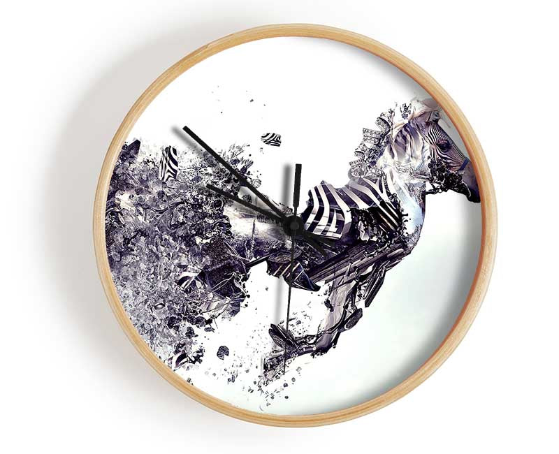 Abstract Zebra clock made from natural bamboo with a round face and clear Plexiglas lens, available in multiple colors.