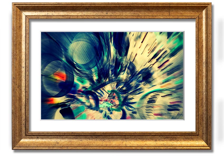 A beautifully framed abstract print showcasing vibrant colors and unique shapes, ready to hang on a wall.