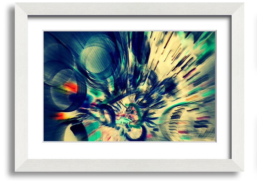 A beautifully framed abstract print showcasing vibrant colors and unique shapes, ready to hang on a wall.