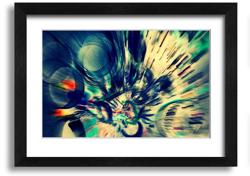 A beautifully framed abstract print showcasing vibrant colors and unique shapes, ready to hang on a wall.