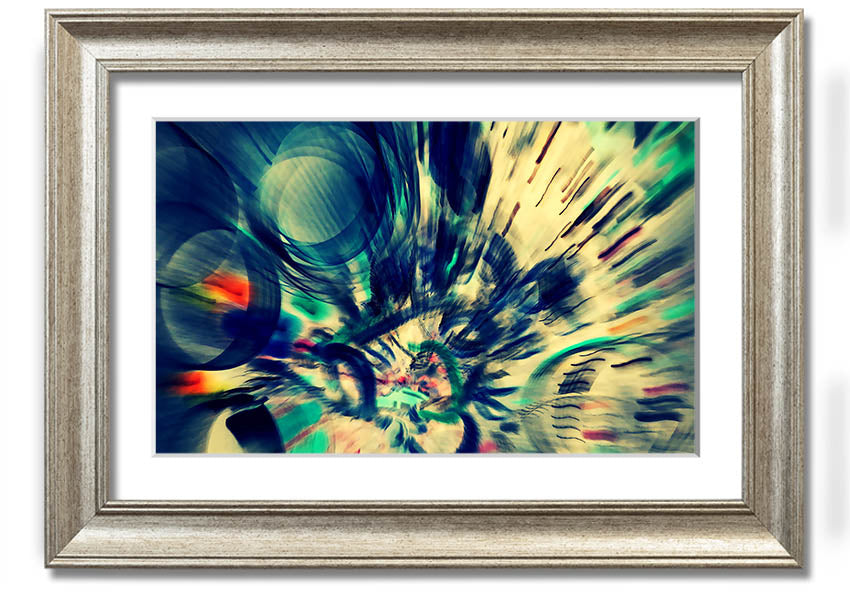 A beautifully framed abstract print showcasing vibrant colors and unique shapes, ready to hang on a wall.