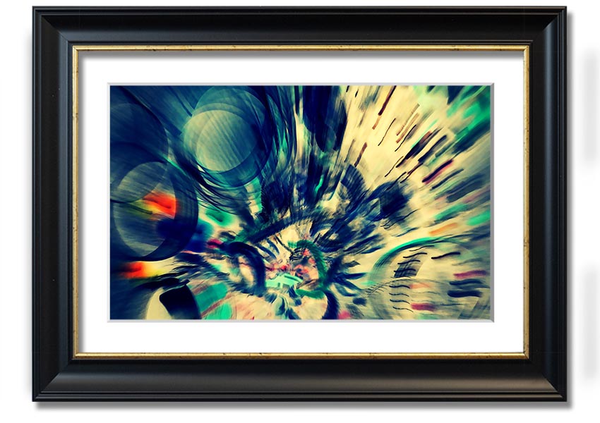 A beautifully framed abstract print showcasing vibrant colors and unique shapes, ready to hang on a wall.