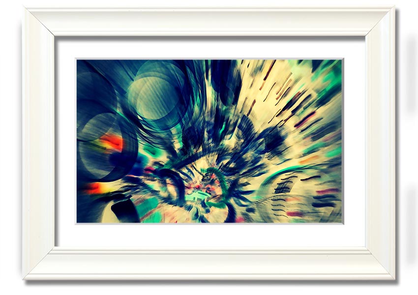 A beautifully framed abstract print showcasing vibrant colors and unique shapes, ready to hang on a wall.