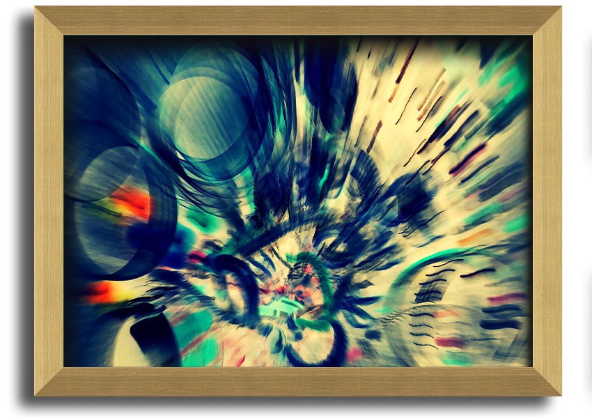 A beautifully framed abstract print showcasing vibrant colors and unique shapes, ready to hang on a wall.