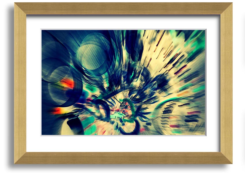 A beautifully framed abstract print showcasing vibrant colors and unique shapes, ready to hang on a wall.