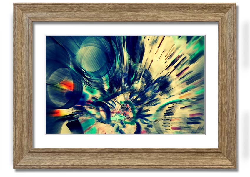 A beautifully framed abstract print showcasing vibrant colors and unique shapes, ready to hang on a wall.