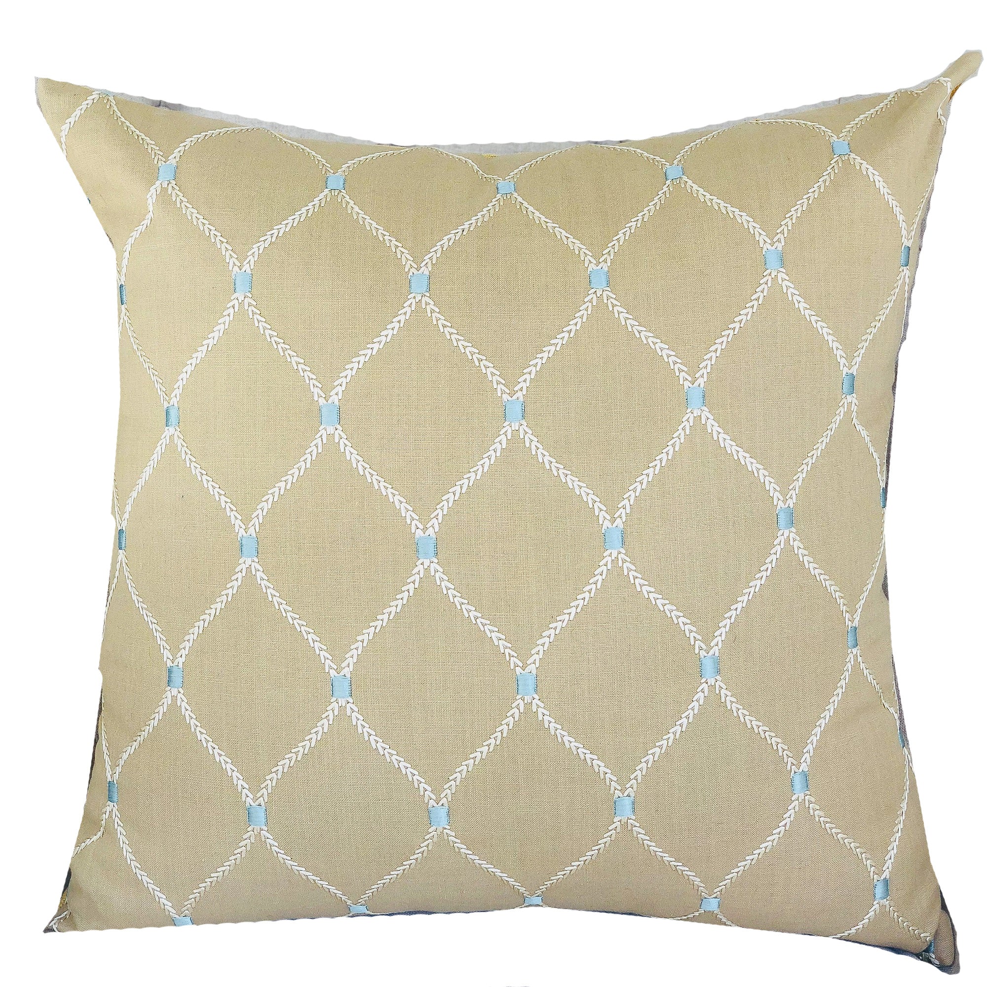 Abby Taupe White and Blue Handmade Luxury Pillow featuring a geometric pattern, double-sided design, and invisible zipper closure.