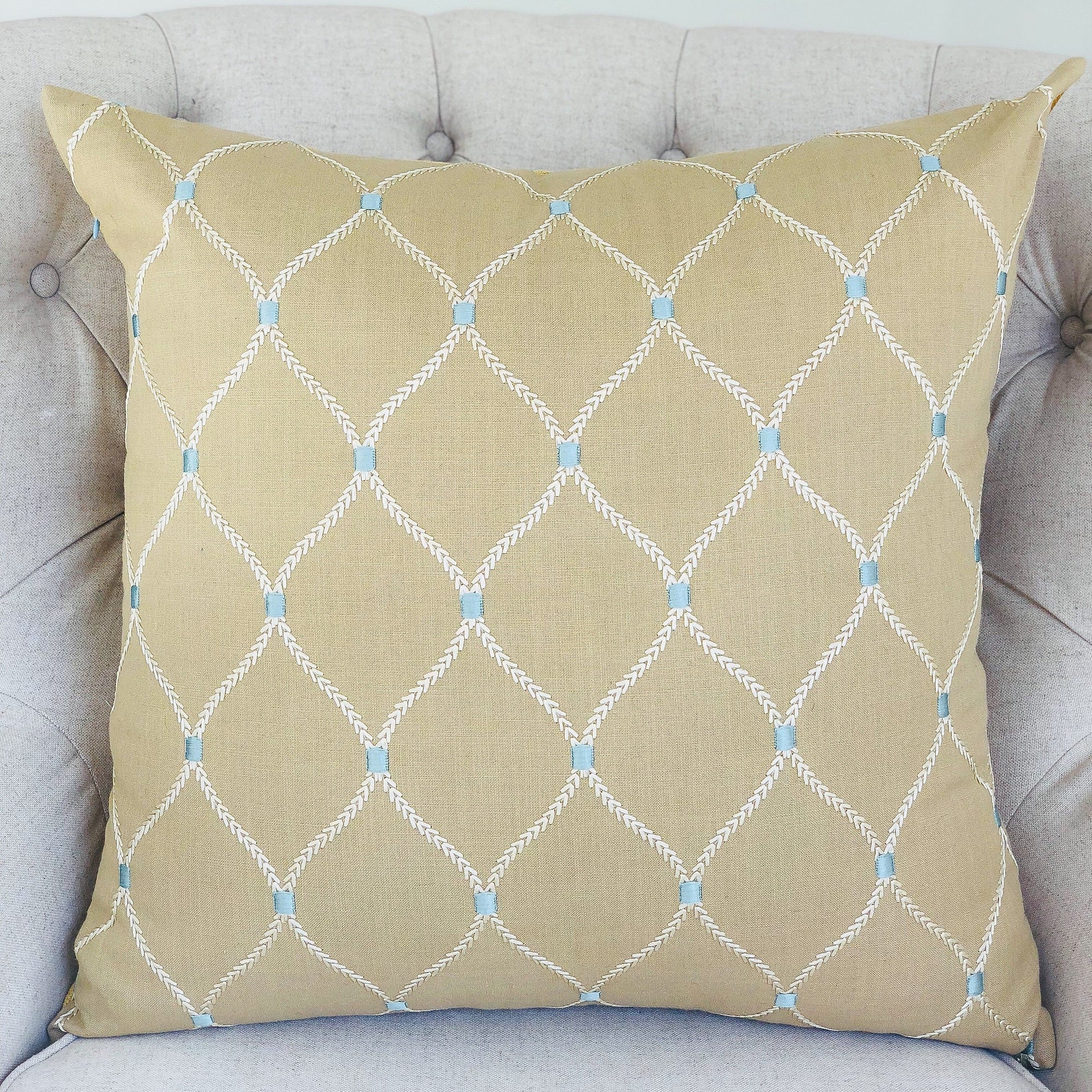 Abby Taupe White and Blue Handmade Luxury Pillow featuring a geometric pattern, double-sided design, and invisible zipper closure.