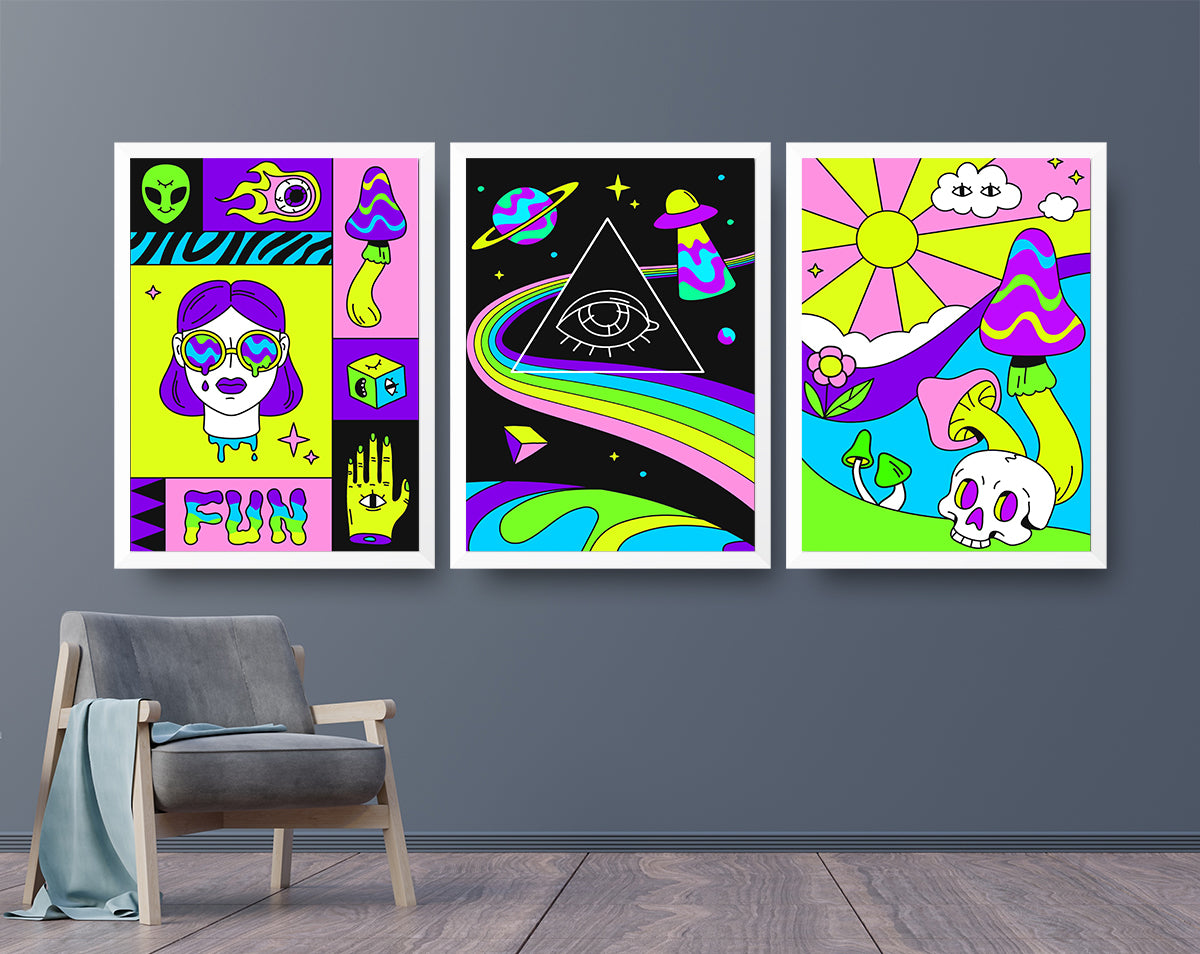 Set of 3 vibrant Acid Neon framed prints showcasing bold colors and modern designs, ready to hang on the wall.