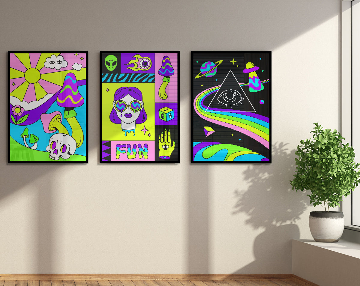 Set of 3 vibrant Acid Neon framed prints showcasing bold colors and modern designs, ready to hang on the wall.