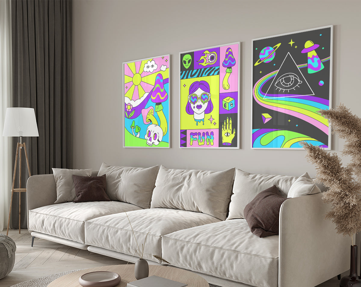 Set of 3 vibrant Acid Neon framed prints showcasing bold colors and modern designs, ready to hang on the wall.