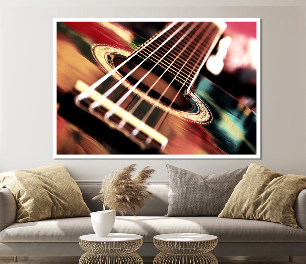 A vibrant Acoustic Guitar poster printed on high-quality canvas, showcasing intricate details and colors, ready for display or framing.