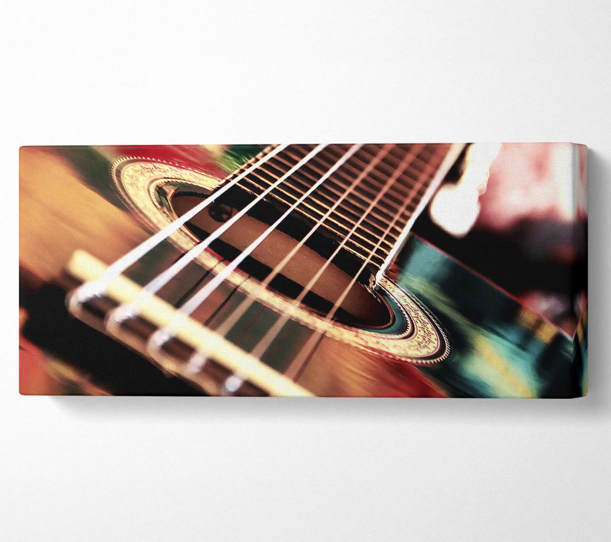 A beautifully printed Acoustic Guitar canvas artwork mounted on a sturdy frame, showcasing vibrant colors and intricate details.