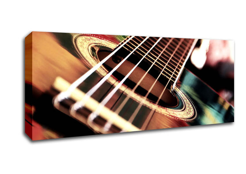 A beautifully printed Acoustic Guitar canvas artwork mounted on a sturdy frame, showcasing vibrant colors and intricate details.