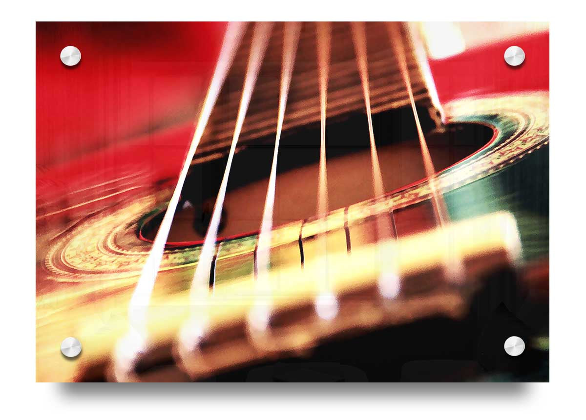 A vibrant acrylic print featuring an acoustic guitar background, showcasing rich colors and details, perfect for wall decor.