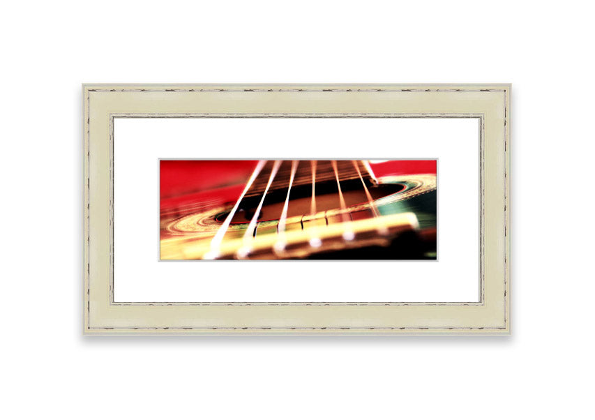 A beautifully framed print of an acoustic guitar background, showcasing intricate details and vibrant colors, ready to enhance any wall decor.