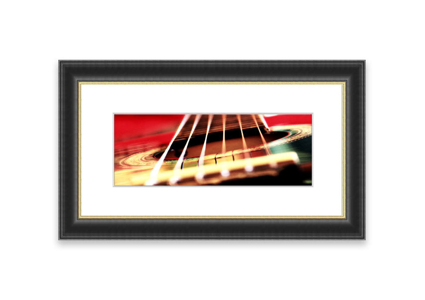 A beautifully framed print of an acoustic guitar background, showcasing intricate details and vibrant colors, ready to enhance any wall decor.