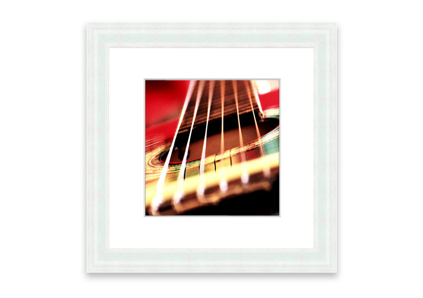 A beautifully framed print of an acoustic guitar background, showcasing intricate details and vibrant colors, ready to enhance any wall decor.