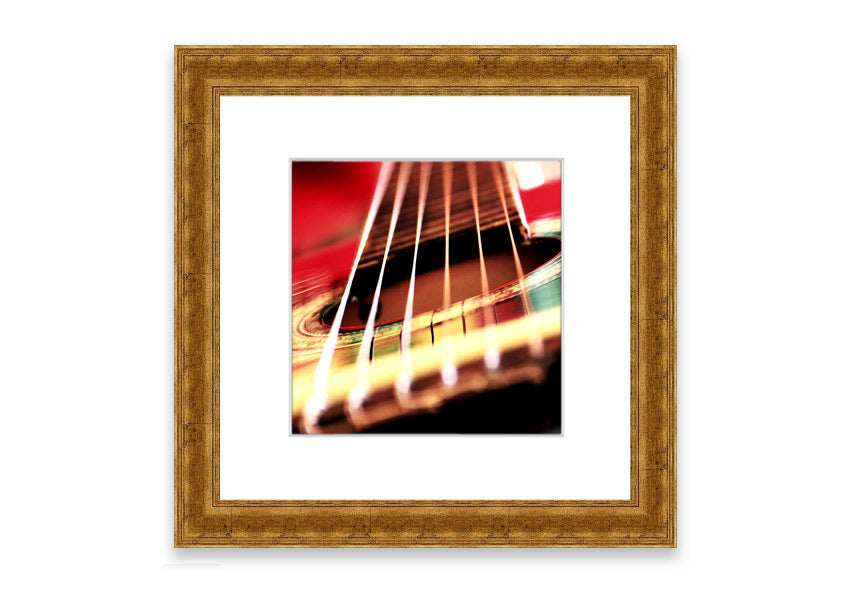 A beautifully framed print of an acoustic guitar background, showcasing intricate details and vibrant colors, ready to enhance any wall decor.