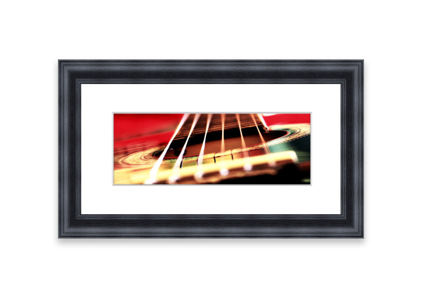 A beautifully framed print of an acoustic guitar background, showcasing intricate details and vibrant colors, ready to enhance any wall decor.