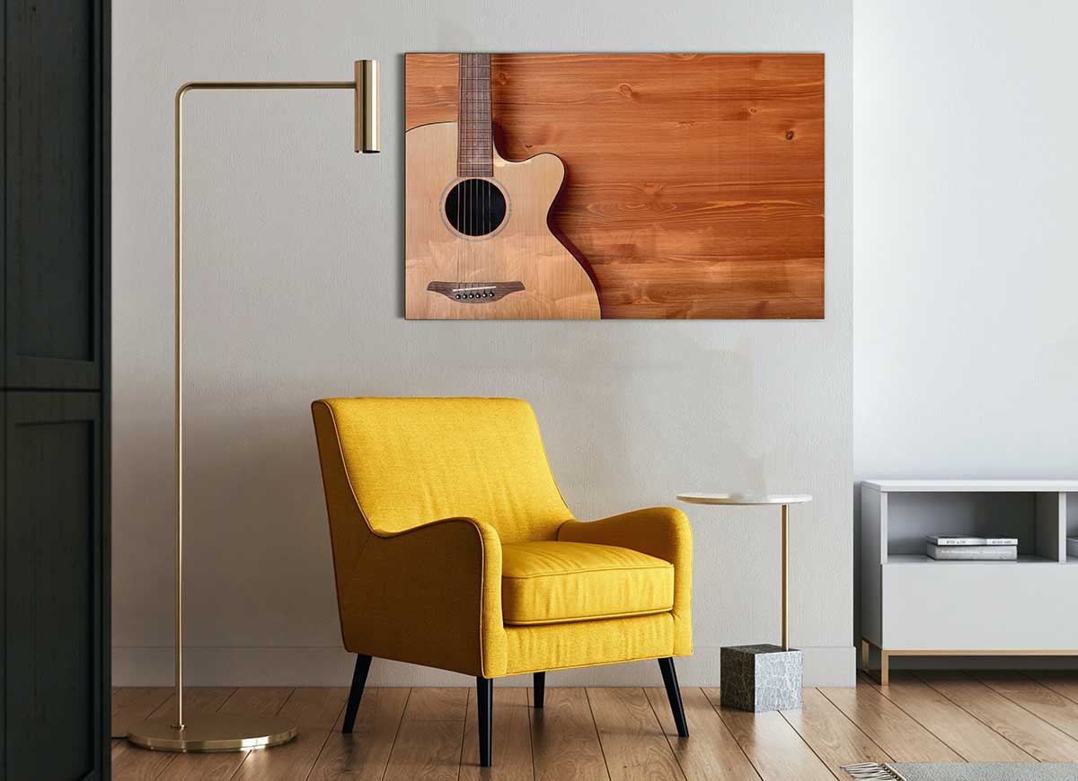 A modern glass print featuring an acoustic guitar, showcasing vibrant colors and intricate details, perfect for home decor.