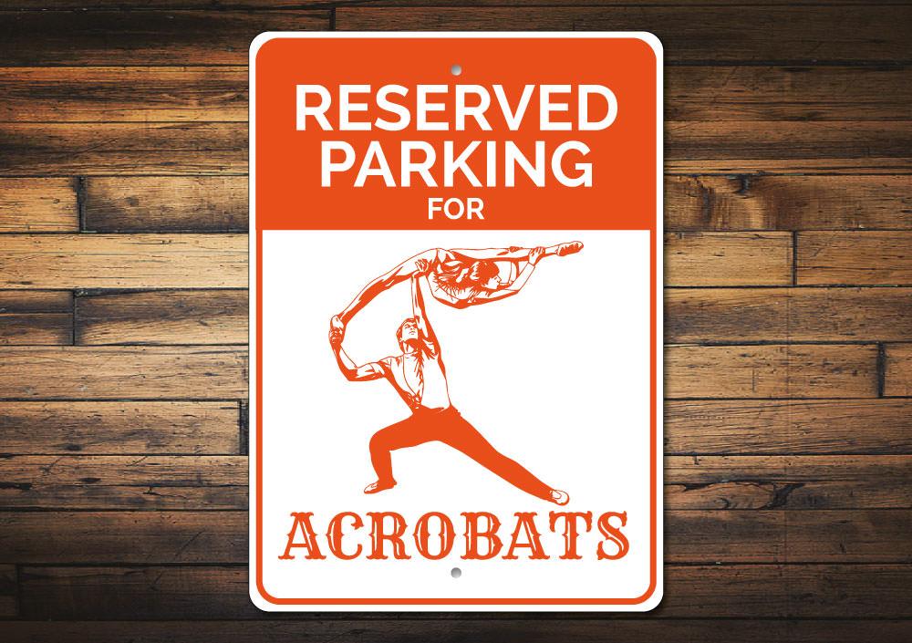 A customizable Acrobat Parking Sign made of durable aluminum, featuring various designs for cars, motorcycles, and more, perfect for personal or gift use.