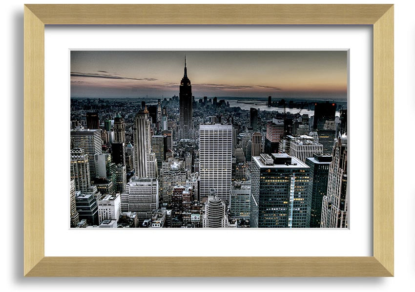 A beautifully framed print of New York City skyline, showcasing vibrant colors and intricate details, available in various frame colors.