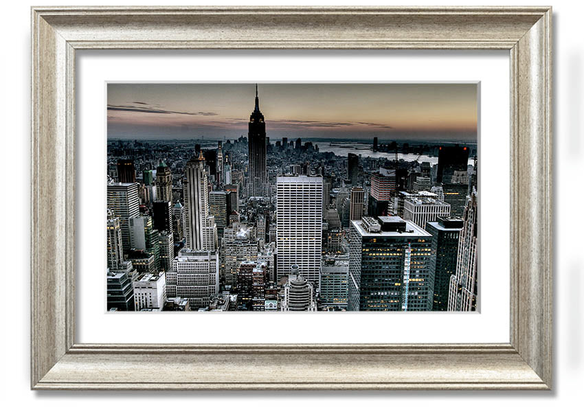 A beautifully framed print of New York City skyline, showcasing vibrant colors and intricate details, available in various frame colors.