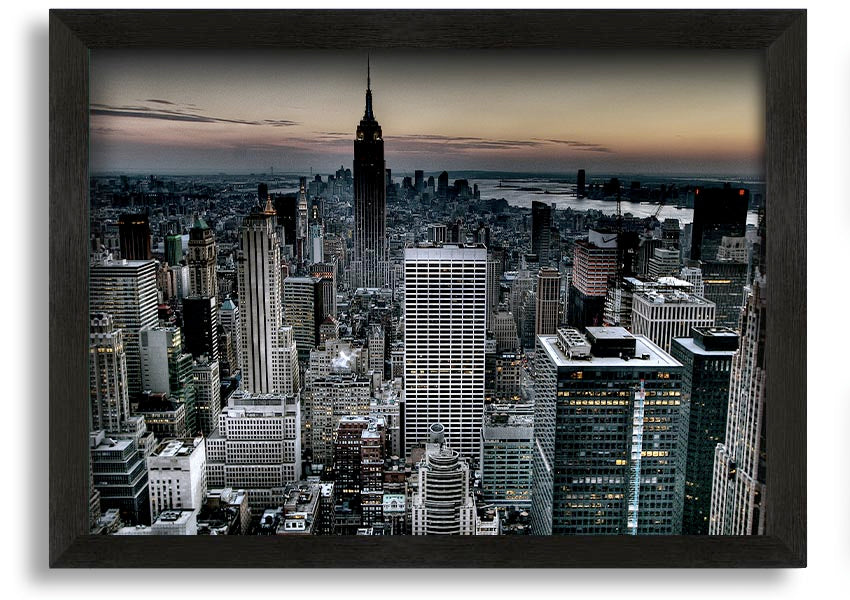 A beautifully framed print of New York City skyline, showcasing vibrant colors and intricate details, available in various frame colors.