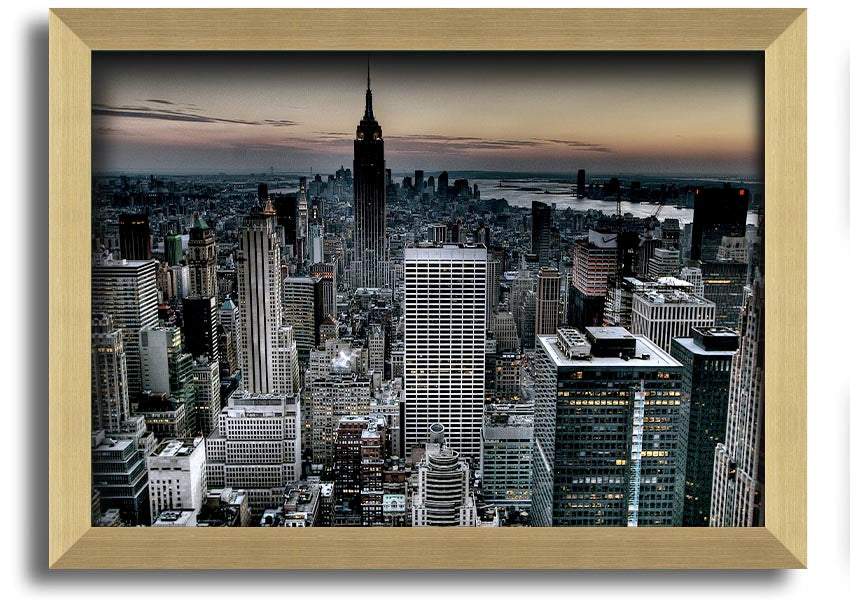 A beautifully framed print of New York City skyline, showcasing vibrant colors and intricate details, available in various frame colors.