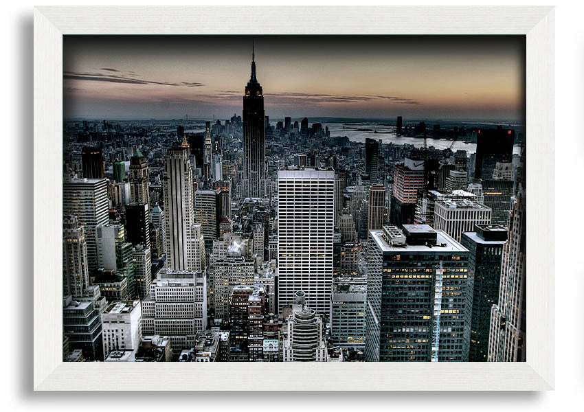 A beautifully framed print of New York City skyline, showcasing vibrant colors and intricate details, available in various frame colors.