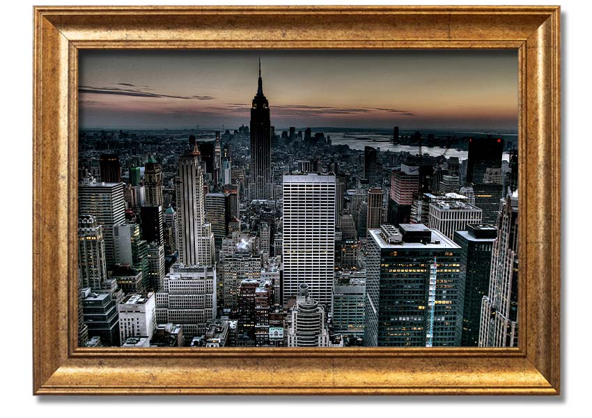 A beautifully framed print of New York City skyline, showcasing vibrant colors and intricate details, available in various frame colors.