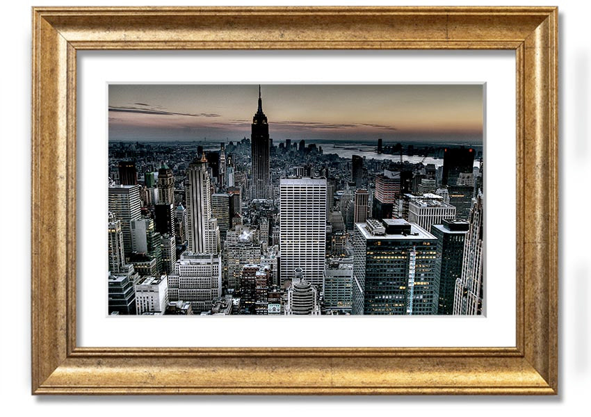 A beautifully framed print of New York City skyline, showcasing vibrant colors and intricate details, available in various frame colors.