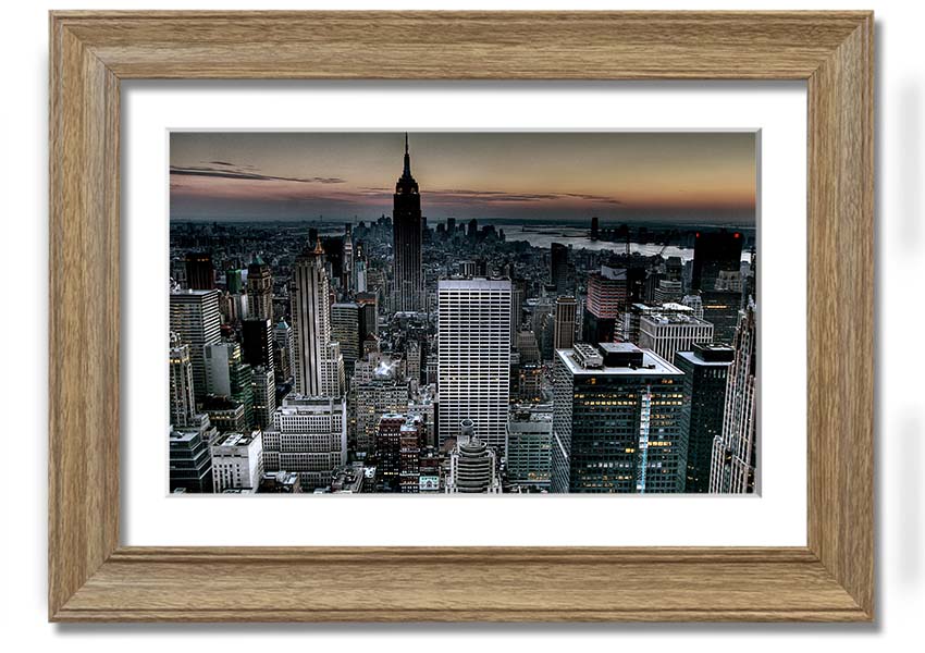 A beautifully framed print of New York City skyline, showcasing vibrant colors and intricate details, available in various frame colors.