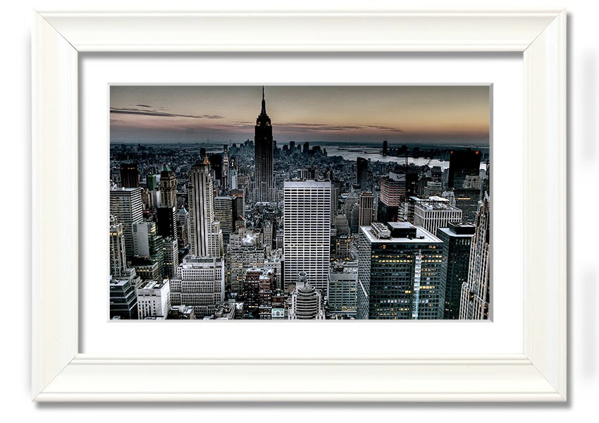 A beautifully framed print of New York City skyline, showcasing vibrant colors and intricate details, available in various frame colors.