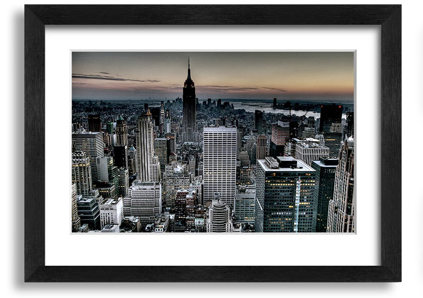 A beautifully framed print of New York City skyline, showcasing vibrant colors and intricate details, available in various frame colors.