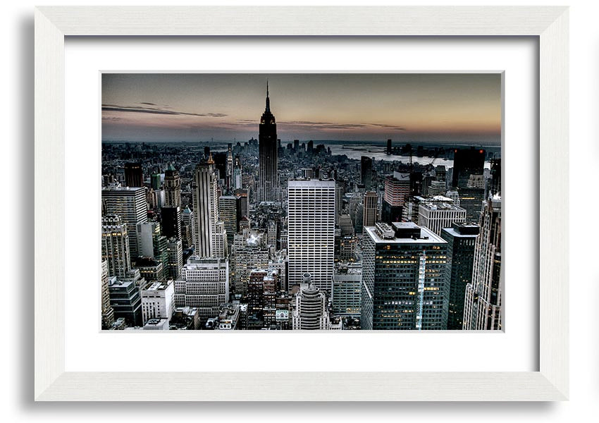 A beautifully framed print of New York City skyline, showcasing vibrant colors and intricate details, available in various frame colors.