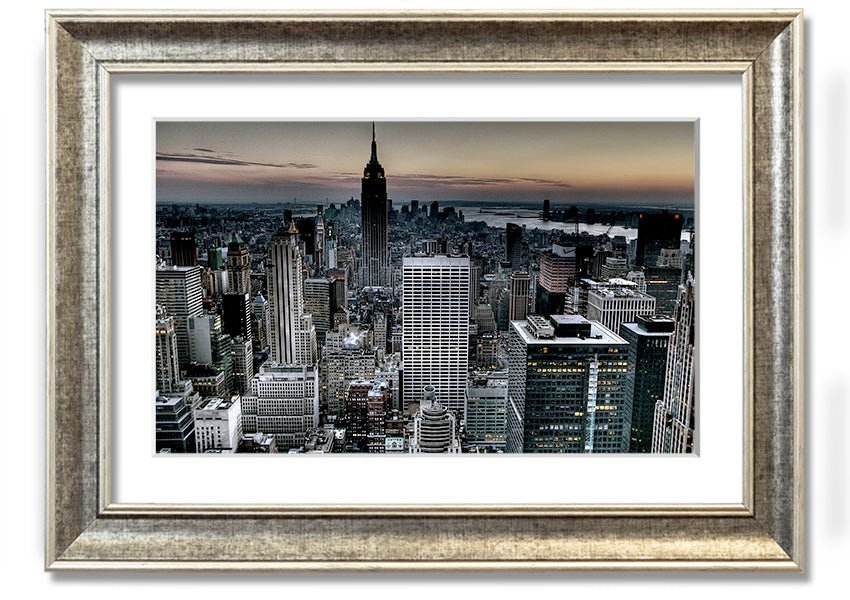 A beautifully framed print of New York City skyline, showcasing vibrant colors and intricate details, available in various frame colors.