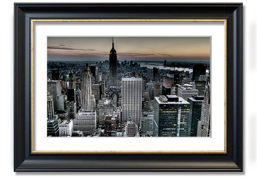 A beautifully framed print of New York City skyline, showcasing vibrant colors and intricate details, available in various frame colors.