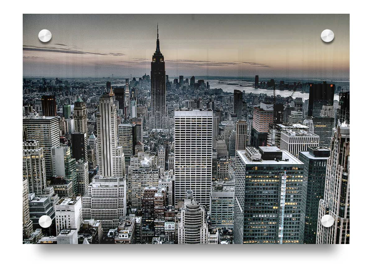 A vibrant acrylic print of New York City skyline, showcasing detailed UV printing on 5mm thick acrylic glass, ready to hang.