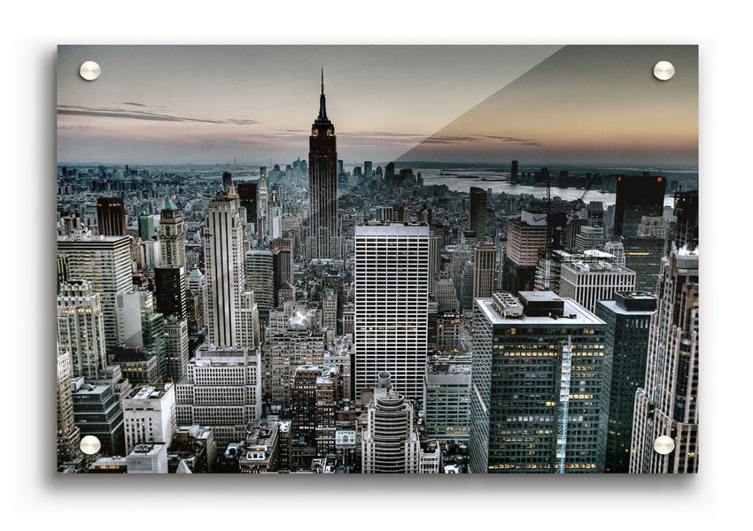 A vibrant acrylic print of New York City skyline, showcasing detailed UV printing on 5mm thick acrylic glass, ready to hang.