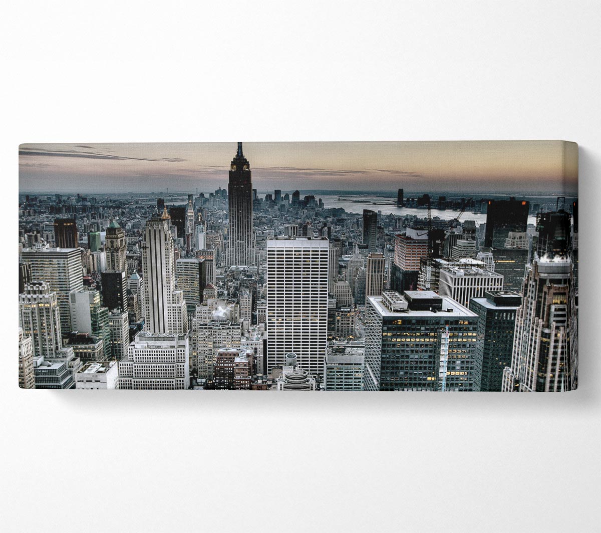 A vibrant canvas print of New York City skyline, mounted on a sturdy box frame, ready to hang.